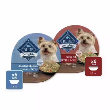 Blue Buffalo Delights Natural Adult Small Breed Wet Dog Food, Variety Pack, Chicken & Prime Rib Cuts in Gravy 3.5-oz cups, case of 12