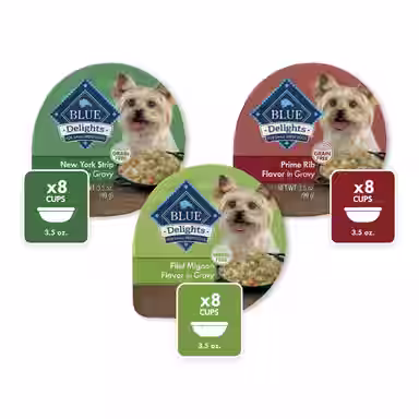 Blue Buffalo Delights Natural Adult Small Breed Wet Dog Food, Variety Pack, Prime Rib, NY Strip, & Filet Mignon Cuts in Gravy 3.5-oz cups, case of 24