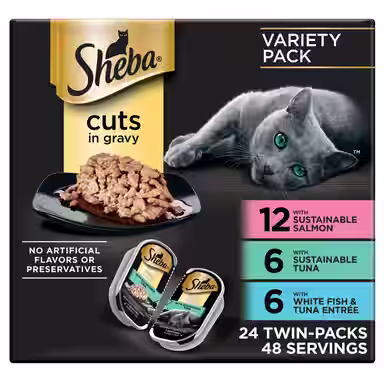 Sheba Perfect Portions Grain-Free Gourmet Salmon, Sustainable Tuna & Delicate Whitefish & Tuna Cuts in Gravy Variety Pack