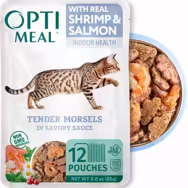 Optimeal Indoor Health Grain-Free Tender Morsels with Real Shrimp & Salmon in Savory Sauce
