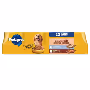Pedigree Chopped Ground Dinner Liver & Beef, Beef, Bacon & Cheese Flavor with Chicken Adult Canned Wet Dog Food Combo Variety Pack