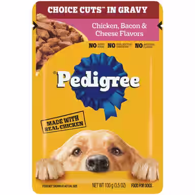 Pedigree Choice Cuts in Gravy Chicken, Bacon, & Cheese Flavors