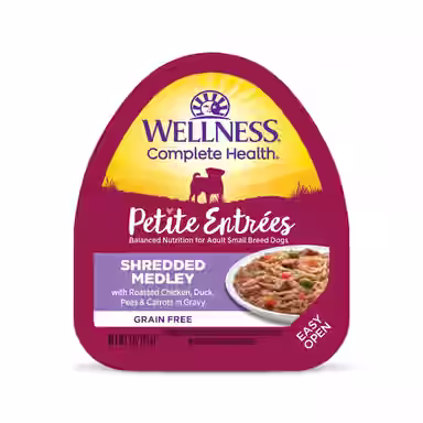 Wellness Complete Health Petite Entrees Adult Small Breed Grain-Free Chicken, Duck, Peas & Carrots Shredded Medley